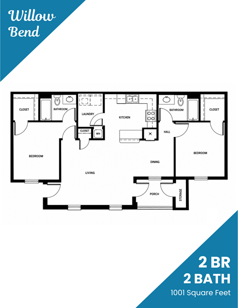 Floor plan for 2 beds, 2 baths, 1001 sqft